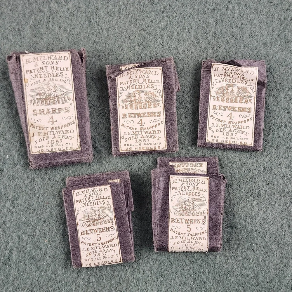 5x Antique H. Milward & Sons Patent Helix Needles SHARPS BETWEENS No. 4 & 5 1857